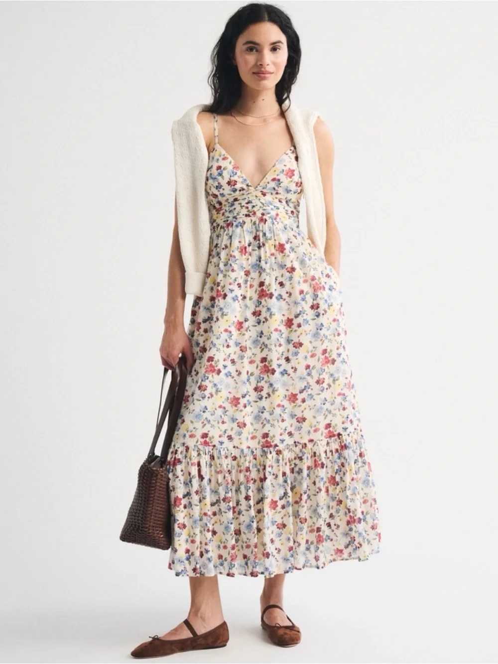 Abercrombie & Fitch Cream Floral V-Neck Tiered Maxi Dress